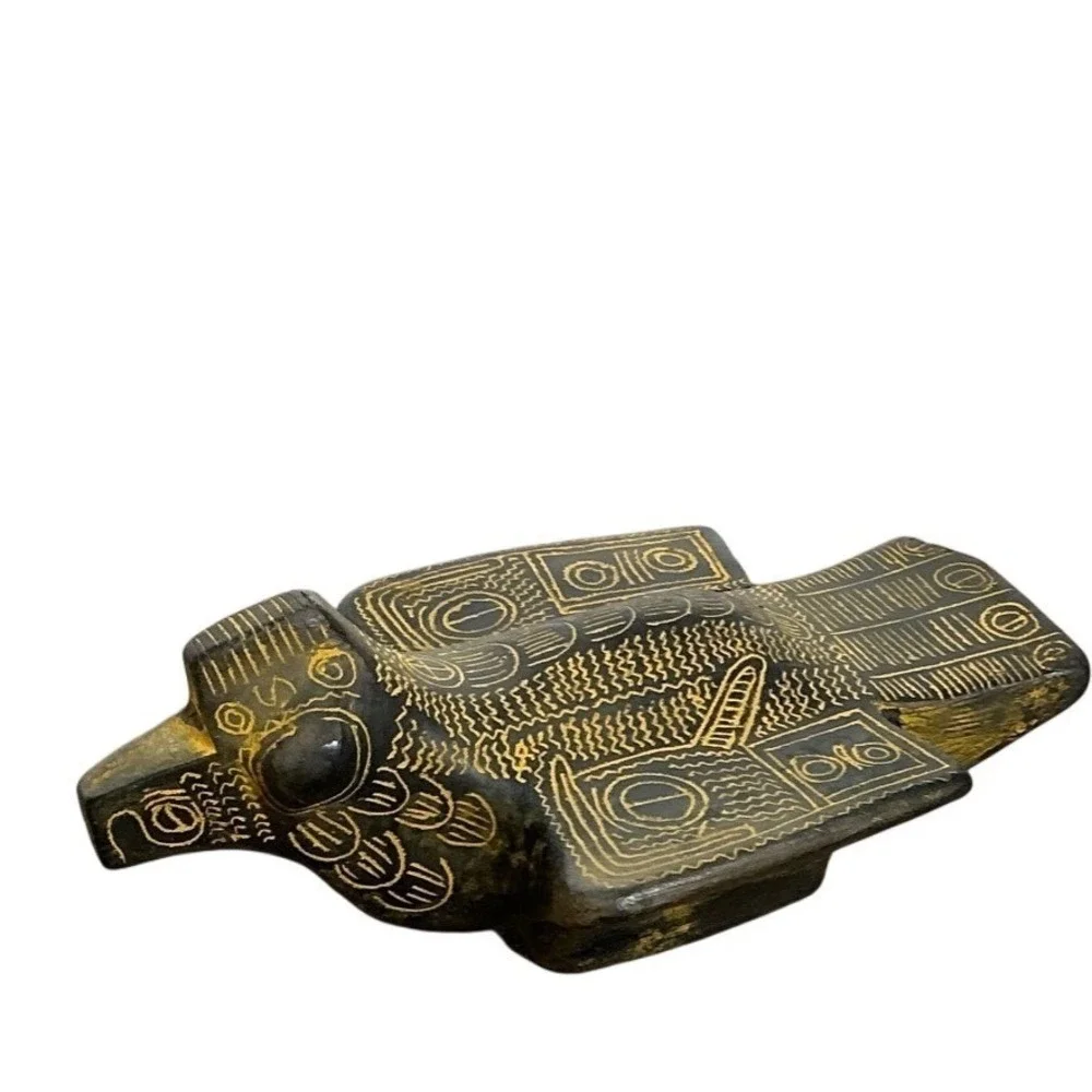 Vintage Cast‎ Stone Bird Figurine Etched Folk Tribal Boho Decor Sculpture